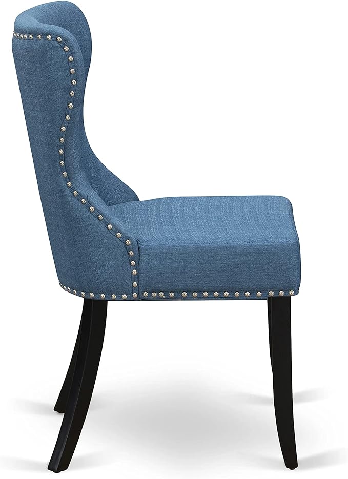 East West Furniture AMSI3-BCH-21 3 Piece Dinette Set for Small Spaces Contains a Round Kitchen Table with Pedestal and 2 Blue Linen Fabric Parson Dining Chairs, 36x36 Inch, Black & Cherry