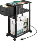 Side Table with Charging Station and Drawer, Narrow End Table with USB Ports and Outlets for Small Space, Living Room, Bedroom and Office, with 4 Wheels (1, Black)