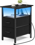 Vagusicc Black Nightstand with Charging Station and LED Lights, Narrow Side Table, LED Night Stand with 2 Fabric Drawers, Bedside Table with USB Ports and Outlets, Tall Nightstand for Bedroom, Black