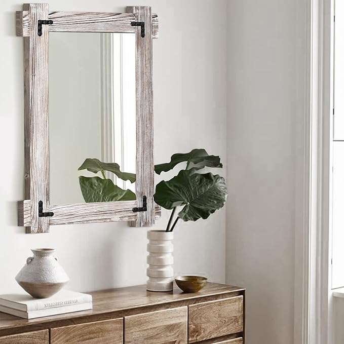 MeMoreCool Rustic Wood Framed Bathroom Mirror, Decorative Farmhouse Vanity Mirror, Wall Mounted Rectangular Mirror for Bedroom, Living Room, or Bathroom, Small 20x30 Inch, White