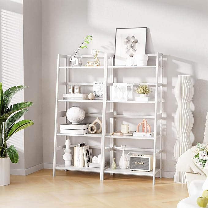 HITNET Ladder Shelf, 4 Tier Bookshelf, Floor Standing Bathroom Storage Rack with Bamboo Frame, Home Office Open Display Bookcase, White