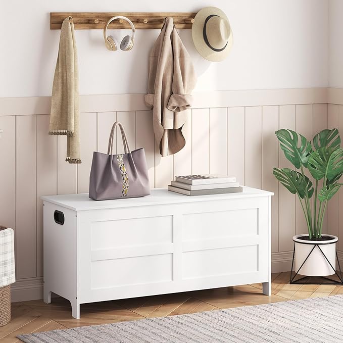 Storage Chest, 39.4” Large Toy Chest, Entryway Storage Trunk, Storage Bench with Safety Hinge, Entrance Bench for Living Room, Entrance, Bedroom, White SCWT48301