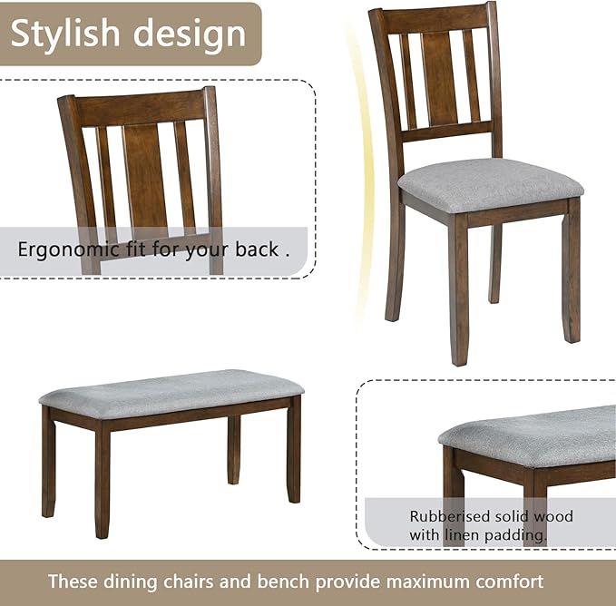 soges 6 Piece Kitchen Dining Table Set, Wooden Dining Table with 4 Upholstered Chairs and a Bench for 6 People, Living Room, Home and Kitchen, Table Chairs Set, Walnut