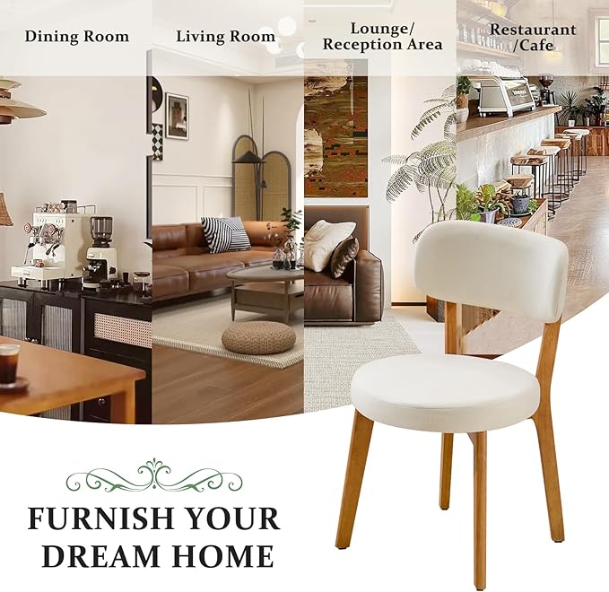 Furniliving Wooden Dining Chairs Set of 2, Mid-Century Modern Linen Upholstered Kitchen Chair with Solid Oak Wood, Farmhouse Dining Room Chairs, Beige