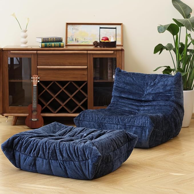 N&V Ottoman, Mid Century Armless Floor Sofa, Soft Premium Chenille Floor Lounge Chair, Foam Sofa Accent Chair for Living Room Bedroom and Office (Blue, Ottoman)