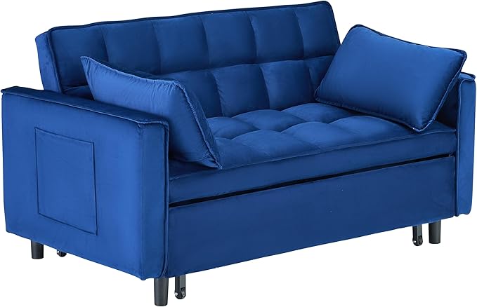 Ball & Cast 55" Convertible Sofa Bed,3 in 1 Sleeper Sofa W/Pull-Out Bed,Convertible Pull Out Couch W/2 Pillows,Adjustable Backrest & Side Pocket,Velvet Futon Couches for Living Room,Apartment,Blue