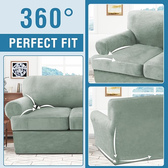 H.VERSAILTEX Sofa Cover 3 Piece T Cushion Loveseat Slipcovers Thick Velvet Couch Cover Stretch T Cushion Sofa Covers for 2 Cushion Couch with 2 Individual T Cushion Covers Washable, Sea Grass