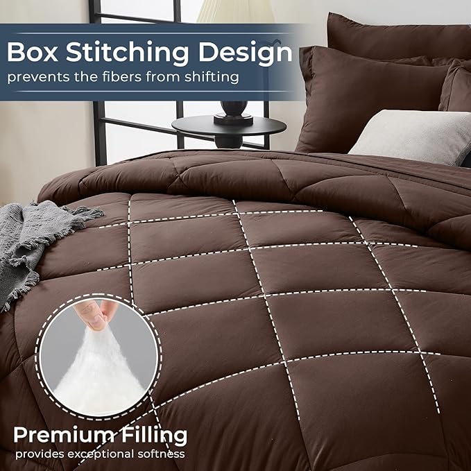HEVUMYI Brown Twin Comforter Set - 5-Piece All Season Bed in a Bag Twin, Ultra Soft Bedding Set with Comforter, Flat Sheet, Fitted Sheet, Pillowcases, Pillow Shams