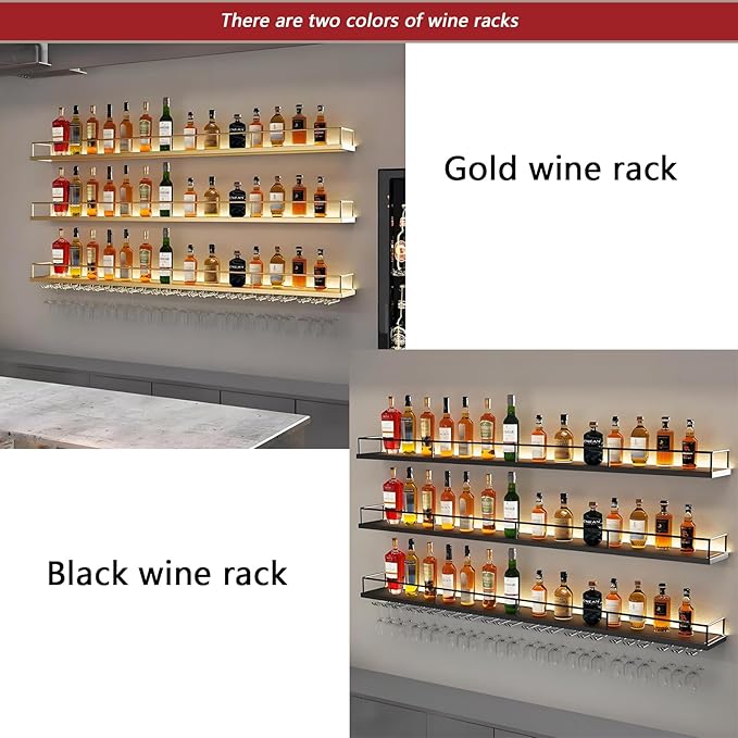 78.7in Wall-Mounted Metal Wine Rack with LED Lights 3-Tier Floating Bar Shelves with Wine Glass Rack Large Wine Bottle Display Rack Hanging Shelf, for Home Bar Decorative (Black, 200cm/78.7in)