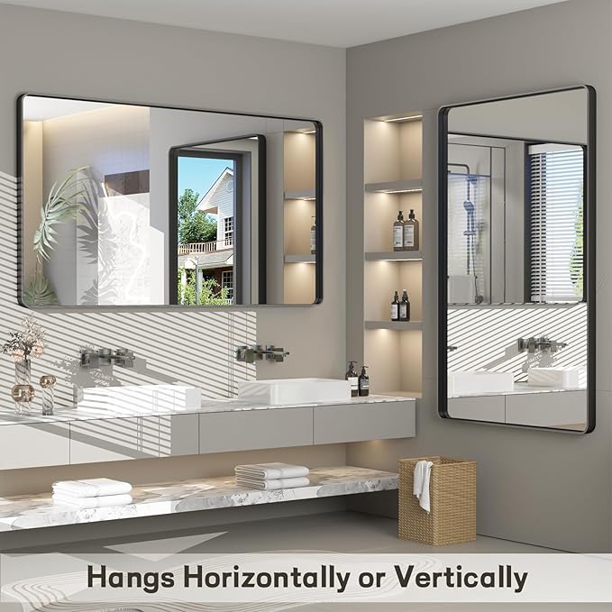48x30 Black Bathroom Wall Mirror, Black Matal Framed Mirror, Matte Rectangle Bathoom Vanity Mirror, Anti-Rust, Shatterproof, Hangs Vertically or Horizontally