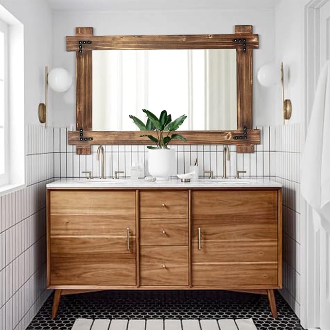 MeMoreCool Farmhouse Rustic Wood Framed Bathroom Mirror, Decorative Wall Mounted Rectangular Mirror for Bedroom, Living Room, or Bathroom, 24x36 Inch