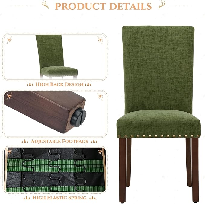 Parsons Dining Chairs Set of 2, Upholstered Nailhead Dining Room Kitchen Side Chair with Thick Cushions and Wood Legs, Green