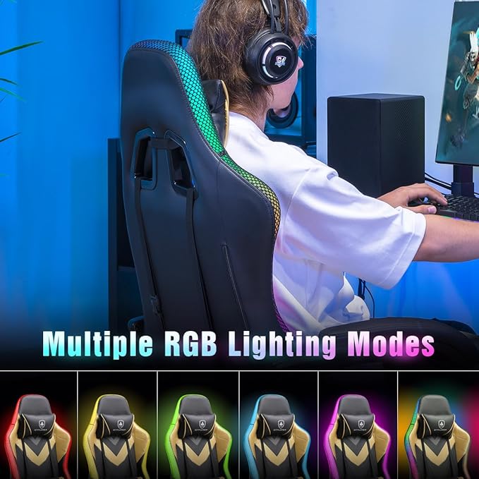 GTPLAYER Gaming Chair, RGB Gaming Chairs with LED Lights, Video Gaming Chair for Adults, Ergonomic Computer Gaming Chair with Linkage Armrest, Reclining Chair with Headrest (with Massage, Black)