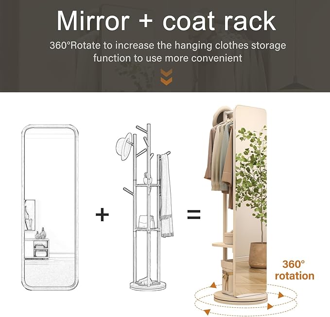 70"x16"Full Length Mirror with Stand,Coat Rack with Mirror,Solid Wood Floor Mirror,Swivel Mirrorfor Bedroom, Living Room, Cloakroom