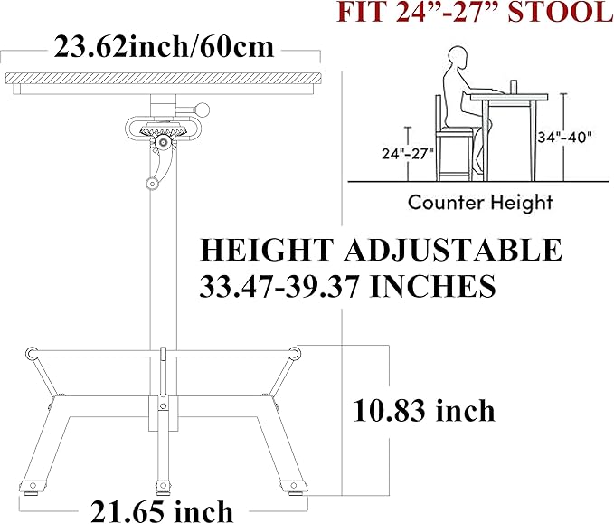 LOKKHAN Industrial Bar Table-33.5-39.4 Inch Tall-Adjustable Bar Height Pub Table-23.7 Inch Swivel Round Wood Top Metal Base-Easily Adjusts by Crank Handle