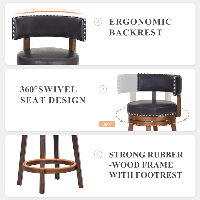 COLAMY Swivel Bar Stools Set of 3, Swivel Counter Height Barstools with Back, 25 Inch Modern Upholstered Bar Stools for Kitchen Island Dining Room Bar, Dark Brown