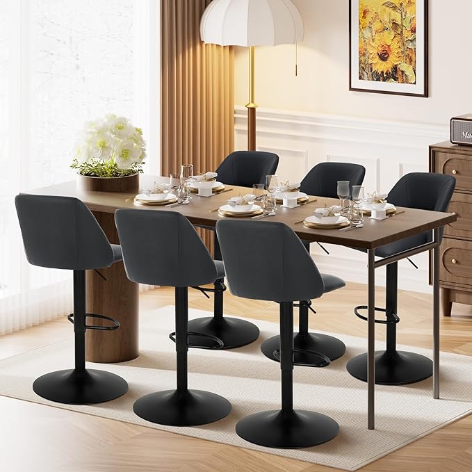 COLAMY Bar Stools Set of 6, Modern Swivel Bar Chairs, Adjustable PU Leather Upholstered Barstools Counter Height with Full Backrest for Bar, Dining Room, Kitchen Island, Black