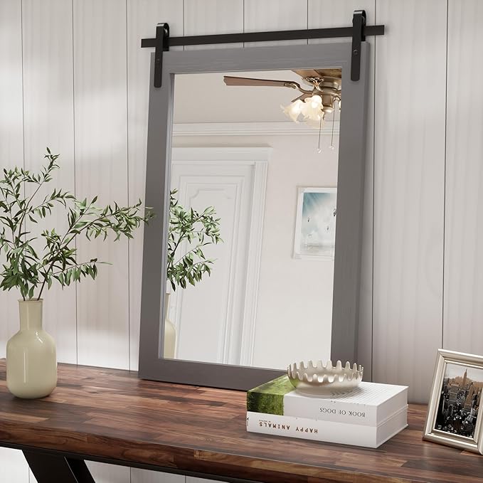 Farmhouse Wall Mirror, Rustic Wood Frame Bathroom Mirror Barn Door Inspired Decorative Vanity Dress Mirrors for Living Room Entryway, 18x26 INCH Gray Vertical