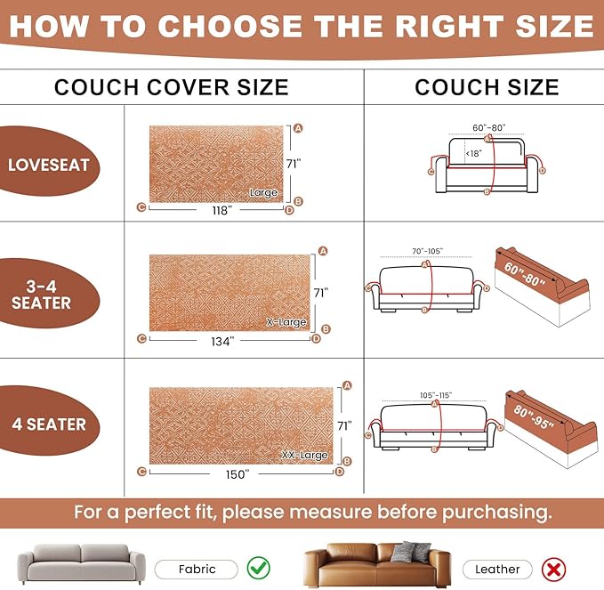 STACYPIK Boho Sofa Cover for Pets, Orange Geometric Couch Cover for 3 Cushion Sofa, Washable Dogs Protector for Living Room, Anti-Slip Sectional Covers for Loveseat with Tassel Throw Blanket-71X134IN