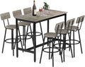 Dining Table Set for 6, 7-Piece Bar Table Set, Kitchen Table and Chairs, Counter Height High Top Table with 6 PU Upholstered Stools, Space-Saving Pub Tables Set for Small Space, Grey