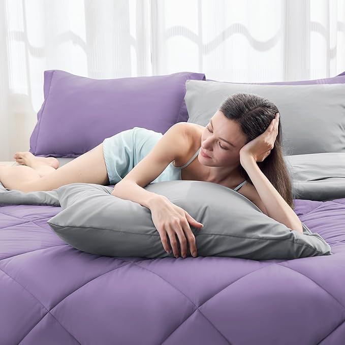 HEVUMYI Twin Comforter Set - 5-Piece All Season Bed in a Bag Twin, Ultra Soft Bedding Set with Comforter, Flat Sheet, Fitted Sheet, Pillowcases, Pillow Shams, Purple & Light Grey