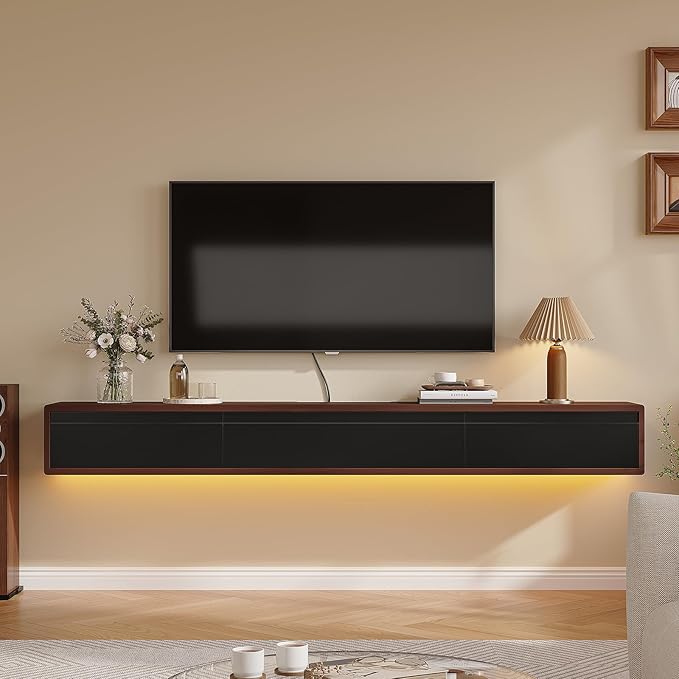 Floating TV Stand Matte Finish,70'' Wall-Mounted TV Cabinet,Floating TV Console,Under TV Shelf with 3 Doors for Living Room Bedroom(Walnut+Black)