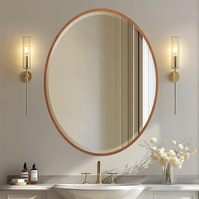 OVALCREST - Oval Wooden Beveled Wall Mirror for Home Decor, Bathroom, Vanity, Bedroom, Living Room, Hallway - London Style (Gold Spray) 31.1 x 41.1