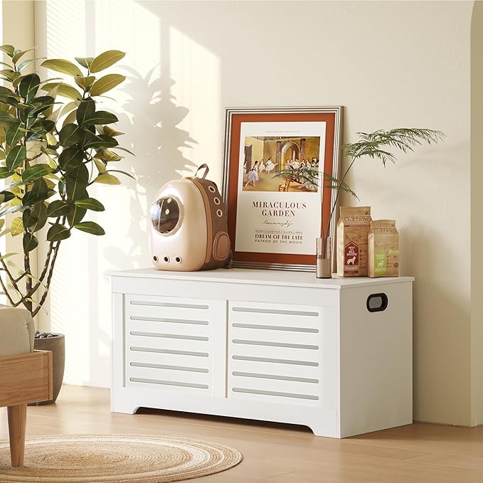DINZI LVJ Storage Chest, 43.3” Wooden Toy Box with 2 Safety Hinges, Retro Entryway Shoe Storage Bench with Flip-Top, Sturdy Large Storage Trunk for Living Room, Bedroom, Easy Assembly, White