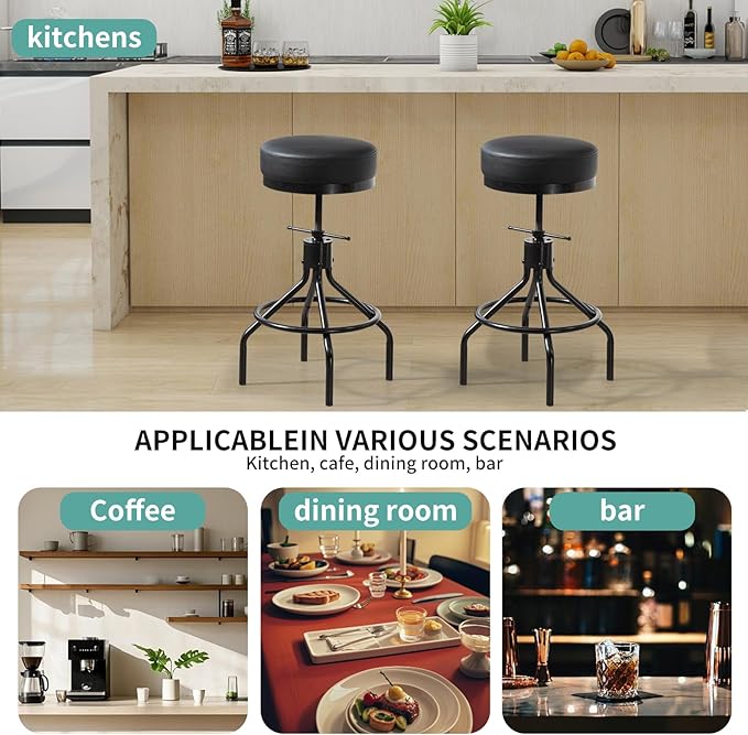 Adjustable Bar Stools Swivel Black Barstools Modern PU Leather 28inch Round Backless Counter Height Stool Metal Industrial Bar Chair for Kitchen Island (1, Black)