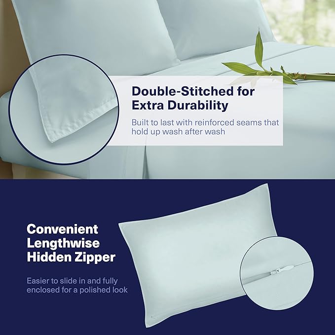 Kickoff Viscose Bamboo Sheets Queen Size 4-pc 100% Organic Bamboo Viscose Bed Cooling Sheets Queen Size Set Cool Bedding for hot Sleepers Sheet, Flat, Fitted, Pillowcases (Coastal Blue, Q)