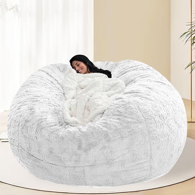 BCU 7FT Big Bean Bag for Adults Kids Without Filling Oversized Bean Bag Chair Cover for Stuffed Animal Storage, White