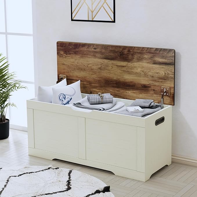39.4" Storage Chest, Wooden Storage Bench, Lift Top Toy Chest with 2 Safety Hinges, Large Toy Box, Entryway Bench for Living Room, Bedroom, Brown and Rustic White