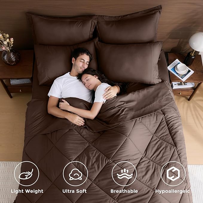 HEVUMYI Brown Cali-King Comforter Set - 7-Piece All Season Bed in a Bag Cali-King, Ultra Soft Bedding Set with Comforter, Flat Sheet, Fitted Sheet, Pillowcases, Pillow Shams