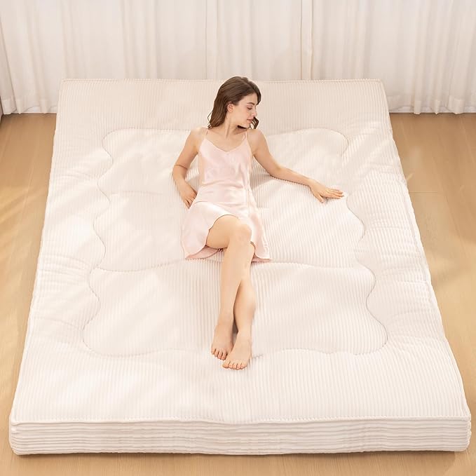 Japanese Floor Mattress, 4" Thicken Futon Mattress Full Size Sleeping Pad, Corduroy Foldable Floor Pad, Roll Up Tatami Mat for Adults Guest Room Bedroom, Beige