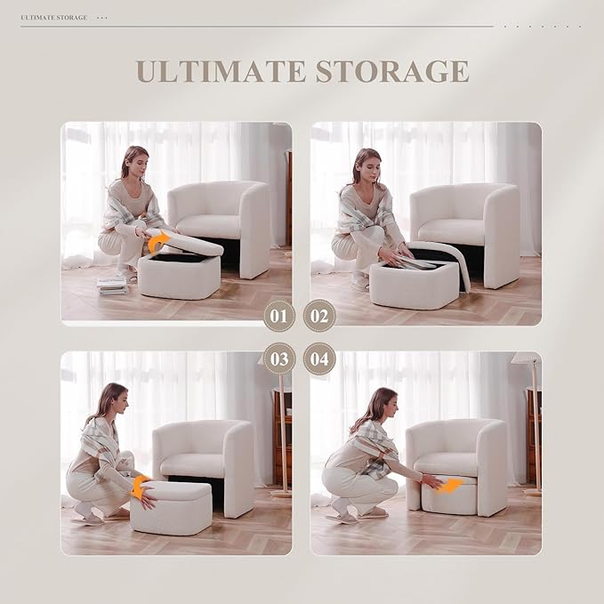COLAMY Morden Velvet Barrel Accent Chair with Storage Ottoman Set of 2, Upholstered Living Room Side Chair, Single Sofa Armchair with Lounge Seat for Bedroom/Office/Reading Spaces, Cream