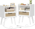 Lerliuo Rattan Nightstands Set of 2 with Charging Station, White Bedside Table with Drawer Open Shelf, Cane Accent Side End Table with Solid Wood Legs, Night Stand for Bedroom, Dorm and Small Spaces