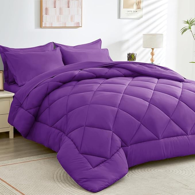 HEVUMYI Purple King Comforter Set - 7-Piece All Season Bed in a Bag King, Ultra Soft Bedding Set with Comforter, Flat Sheet, Fitted Sheet, Pillowcases, Pillow Shams