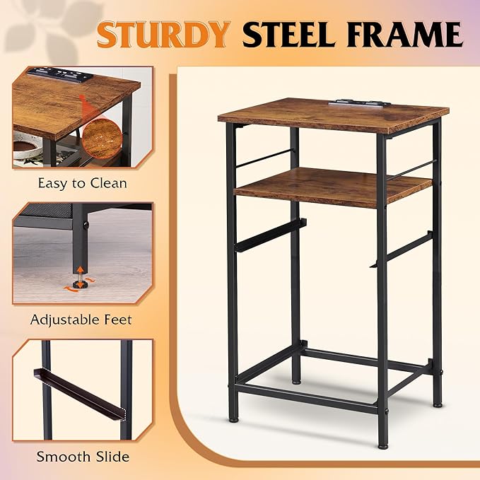 WLIVE Nightstand with Charging Station, Night Stand with 2 Fabric Drawers, Bedside Table, Small Dresser for Bedroom, Side Table with USB Ports and Outlets, Black and Rustic Brown