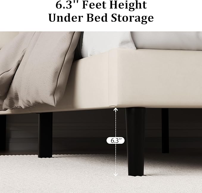 Queen Size Platform Bed Frame with Upholstered Velvet Button Tufted Headboard, Mattress Foundation with Wooden Slat Support, No Box Spring Needed, Easy Assembly, Noise Free, Beige