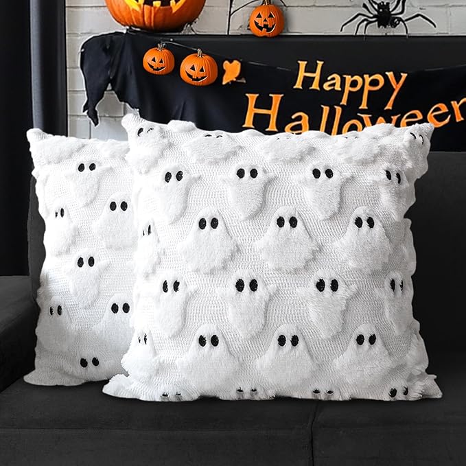 4TH Emotion Halloween Ghost Decorative Pillow Covers 16x16 Set of 2, White Soft Plush Faux Fur Farmhouse Throw Cushion Cases for Fall Autumn Holiday Home Decorations