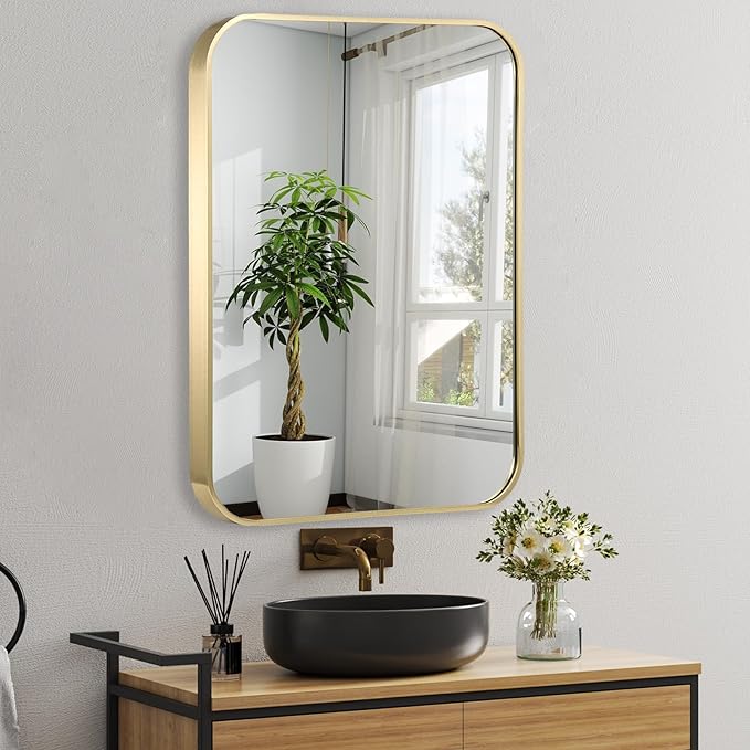 24x36 Inch Gold Bathroom Mirror, Brushed Gold Metal Framed Rectangular Mirror with Rounded Corner, Wall Mounted Vanity Mirror for Bedroom or Living Room, Horizontal/Vertical