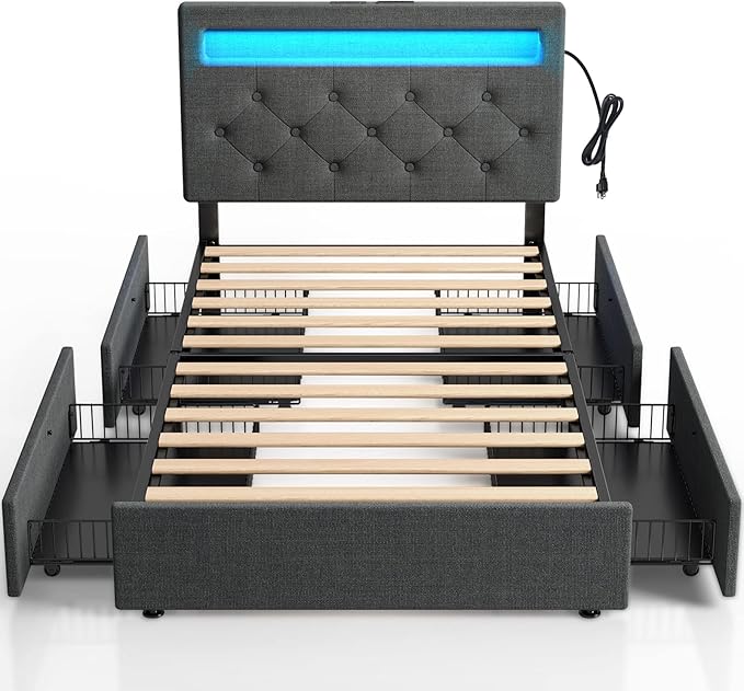 Rolanstar Twin Bed Frame with 4 Storage Drawers and Charging Station,Twin Bed with Led Lights, 2 USB & 1 Type C, Adjustable Headboard 38.9/40.8 Inches, No Box Spring Needed, Grey