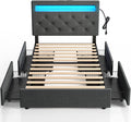 Rolanstar Twin Bed Frame with 4 Storage Drawers and Charging Station,Twin Bed with Led Lights, 2 USB & 1 Type C, Adjustable Headboard 38.9/40.8 Inches, No Box Spring Needed, Grey