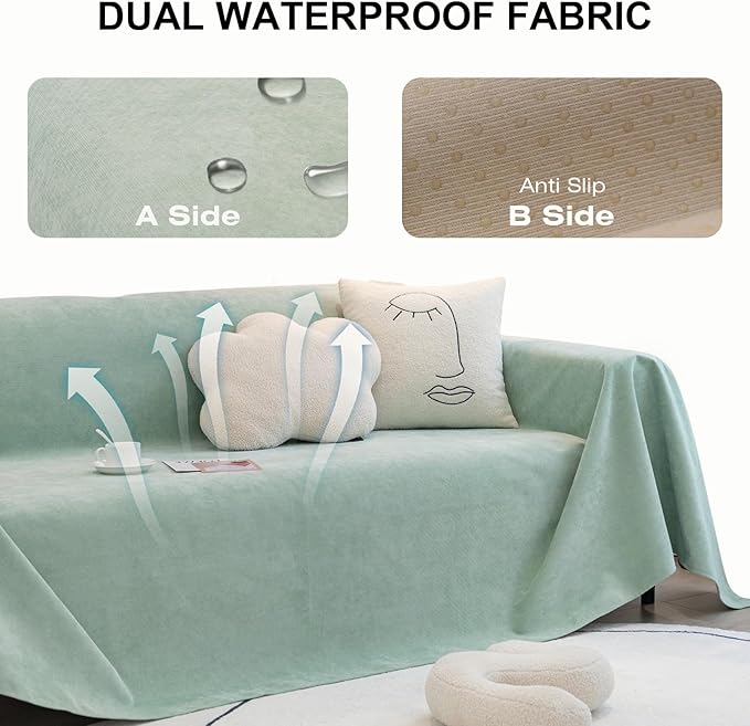 STACYPIK 100% Waterproof Sea Green Sofa Covers, Couch Cover for Sectional, Anti-Cat Scratch Furniture Protector, Washable Jacquard Sofa Cover for Dogs, Kids, Wear Resistant Sofa Slipcover-71X71IN