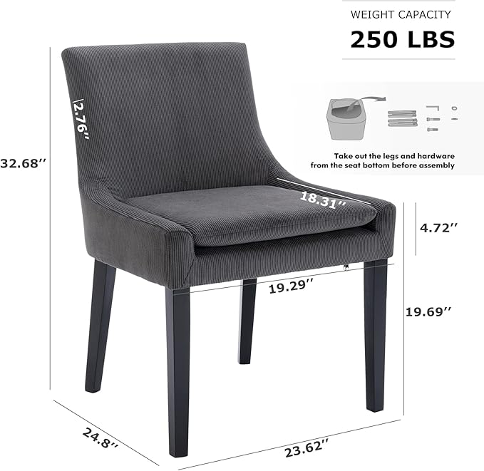 COLAMY Modern Dining Chairs Set of 6, Upholstered Corduroy Accent Side Leisure Chairs with Mid Back and Wood Legs for Living Room/Dining Room-Grey