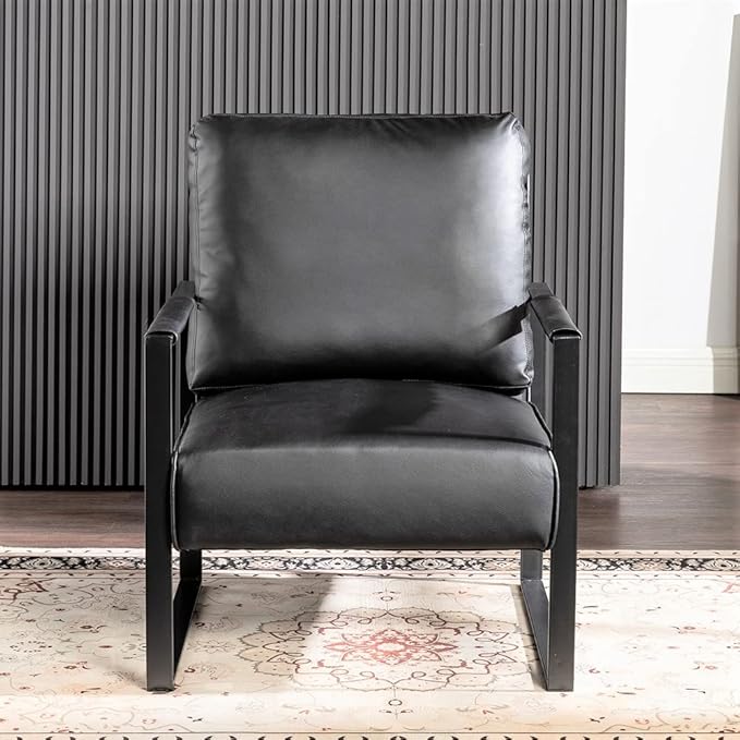 Container Furniture Classic Mid Century Modern Accent Chair with Durable Square Metal Frame, Armchair for Living Room, Bedroom, Home Office in Spotted Microfiber Upholstery, Black -PU Leather