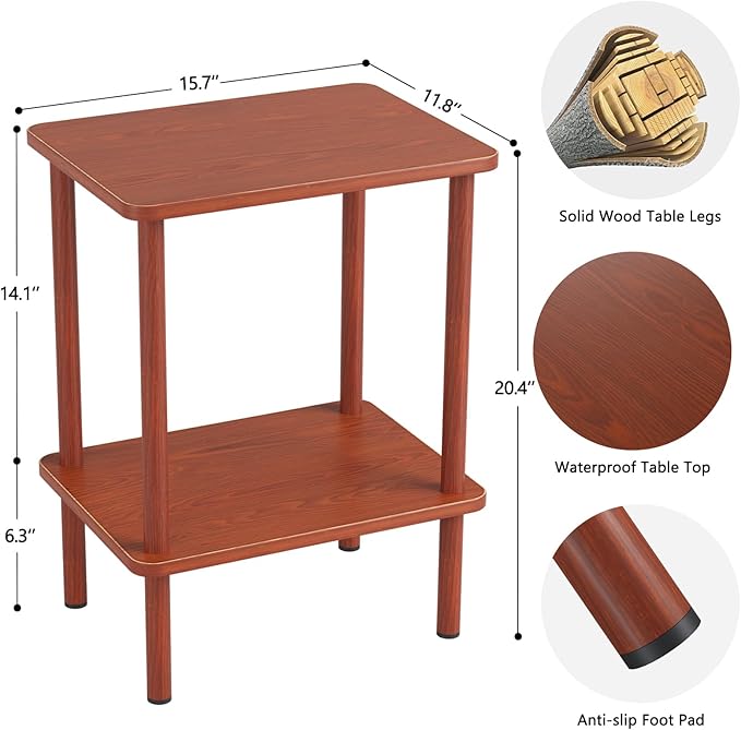 Apicizon 2 Tier End Table Set of 2, Small Side Table with Solid Wood Legs, Boho Bedside Table with Storage Shelf, Nightstand for Small Spaces, Bedroom, Living Room, Entryway, Vintage Brown