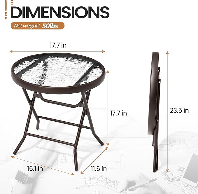 Foldable Patio Side Table Set of 2 with Tempered Glass Top 18" Folding Outdoor Side Tables Set of 2 Small Glass Patio End Tables for Porch Yard Balcony Deck Lawn Dining Garden (Brown)