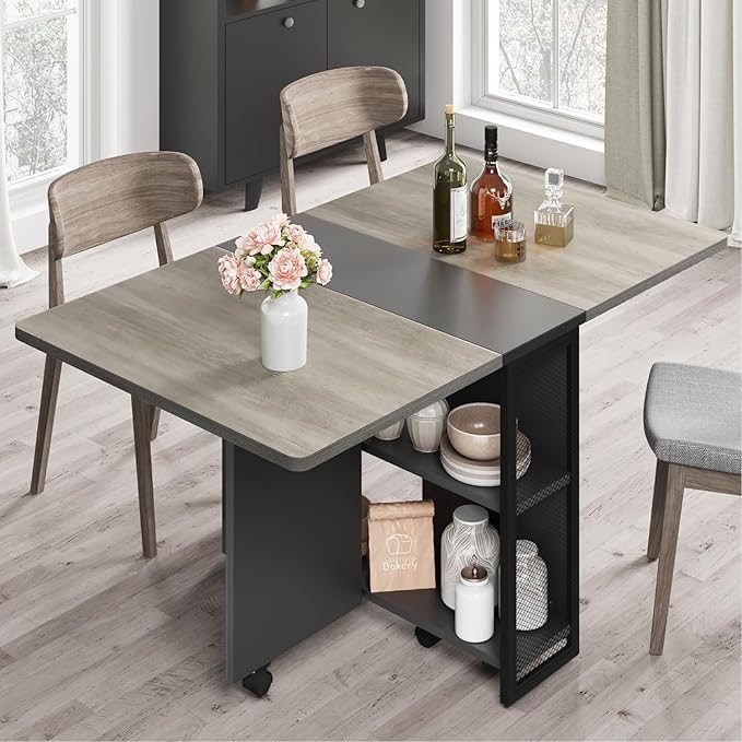 IDEALHOUSE Folding Dining Table, Drop Leaf Dining Table with 6 Wheels and 2-Layer Storage Shelf, Space Saving Dining Table for Small Spaces (Carlo Grey, 50.1" D x 31.4" W x 29.5" H)