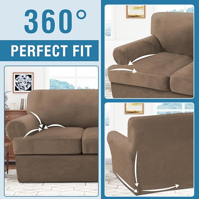 H.VERSAILTEX Sofa Cover 2 Piece T Cushion Armchair Slipcovers Thick Velvet Couch Cover Stretch T Cushion Sofa Covers for 1 Cushion Couch with 1 Individual T Cushion Covers, Mocha